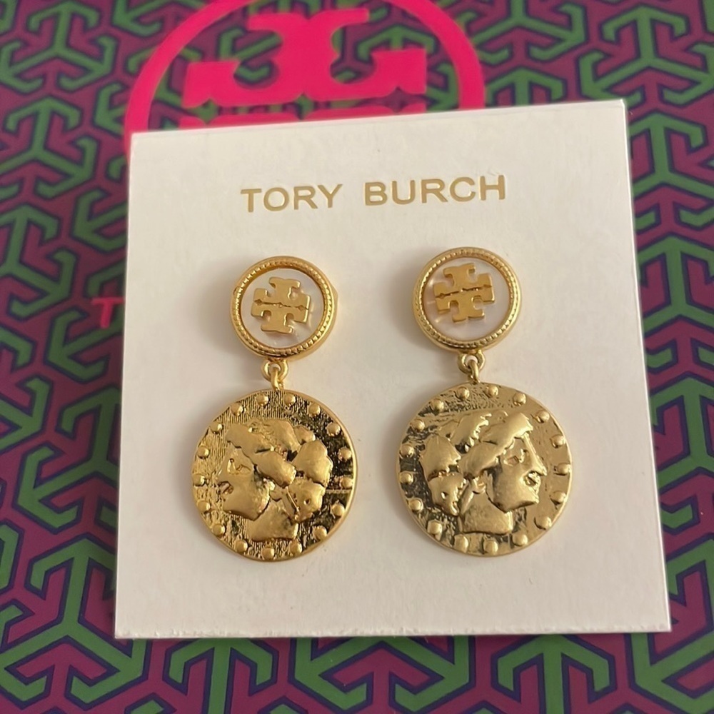 Tory Burch Logo Coin Drop Earrings Gold Tone Medallion Dangle Statement